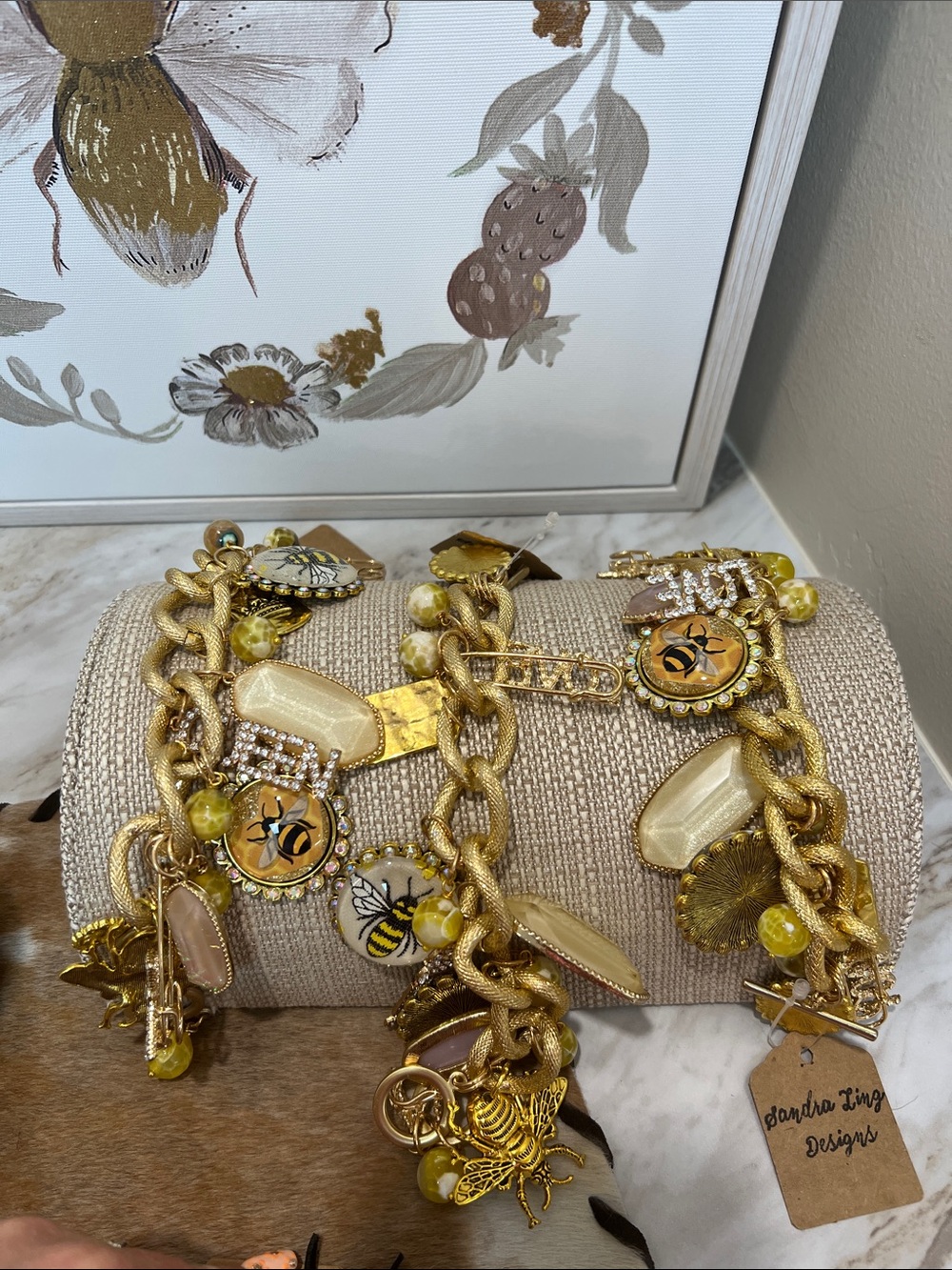 Gold Bee Charm Bracelet with Yellow Beads